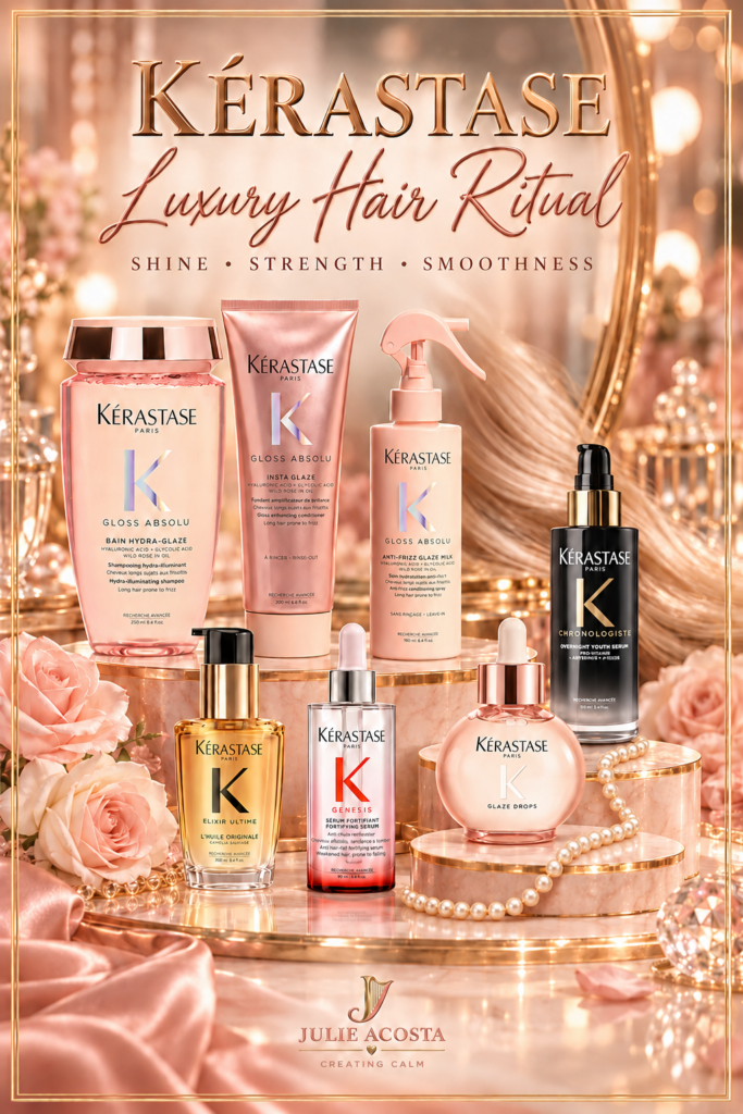 Kérastase luxury hair care routine with shampoo, conditioner, serums and oils