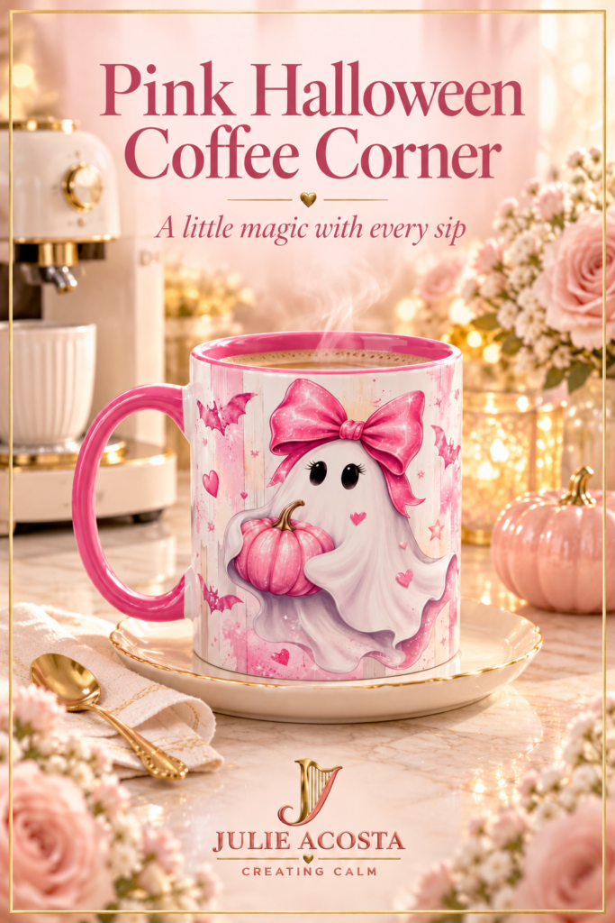 cozy pink halloween coffee corner